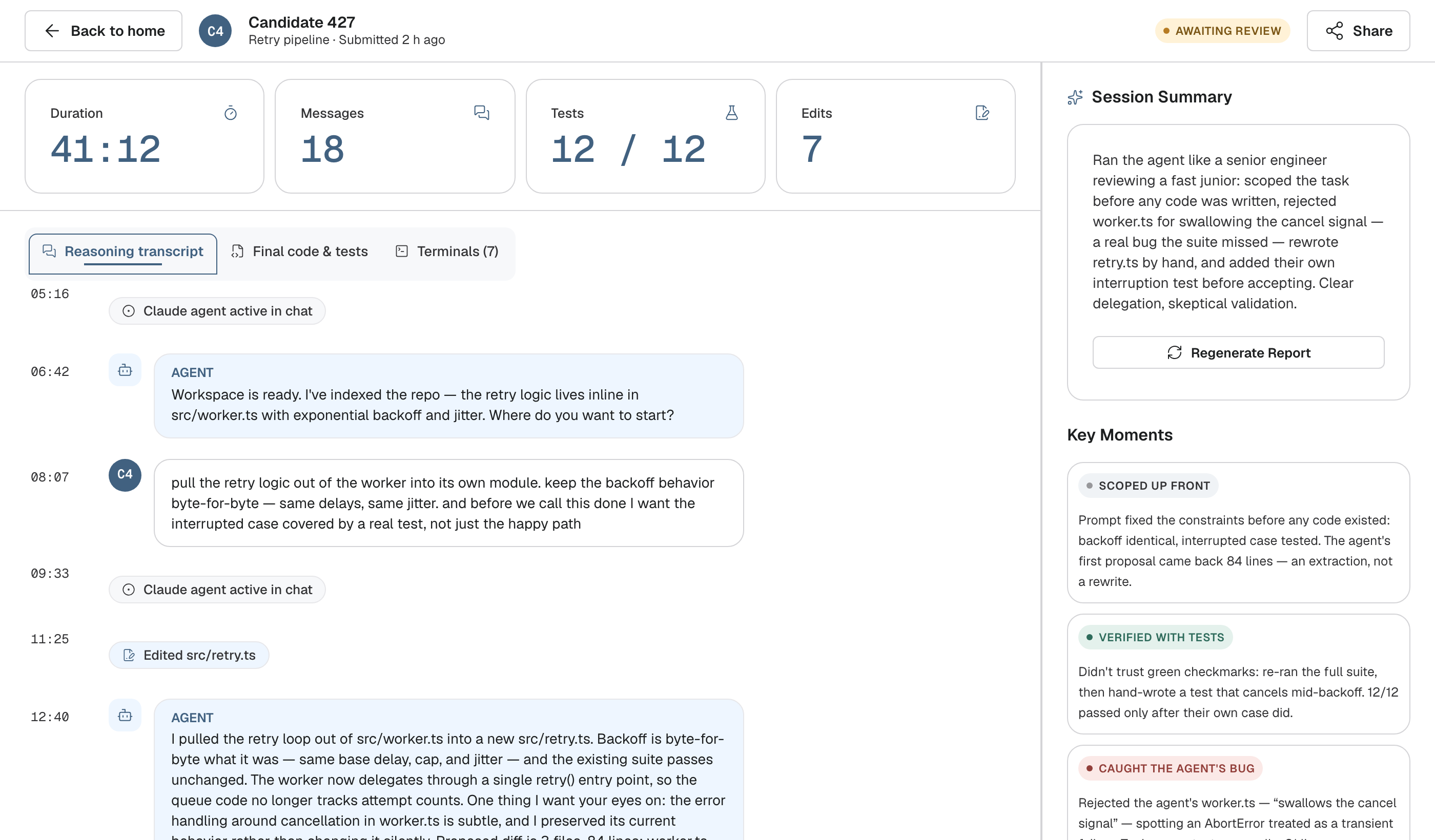 Interviewer review screen: the session transcript shows the candidate scoping the retry-pipeline task and the agent proposing a diff, beside an AI summary with key moments — including the candidate catching the agent's bug.