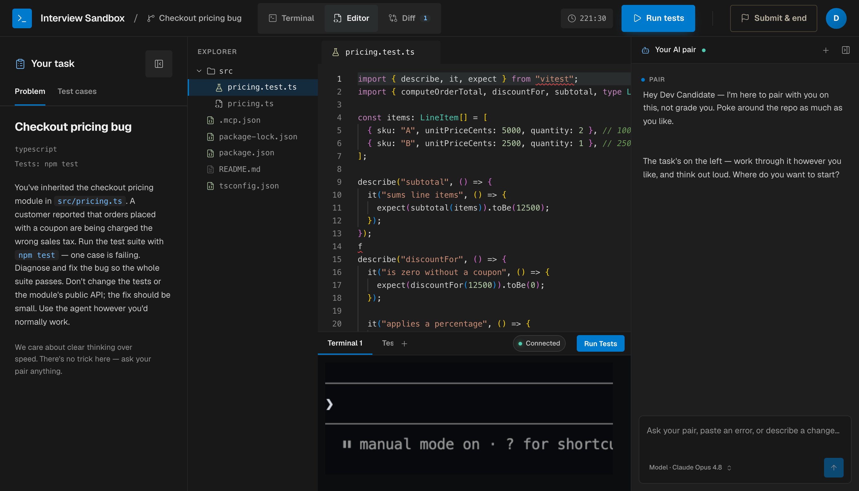 The candidate workspace: file explorer and a TypeScript test file open in the editor, a terminal pane with a Run Tests button below, and the AI pair chat on the right.