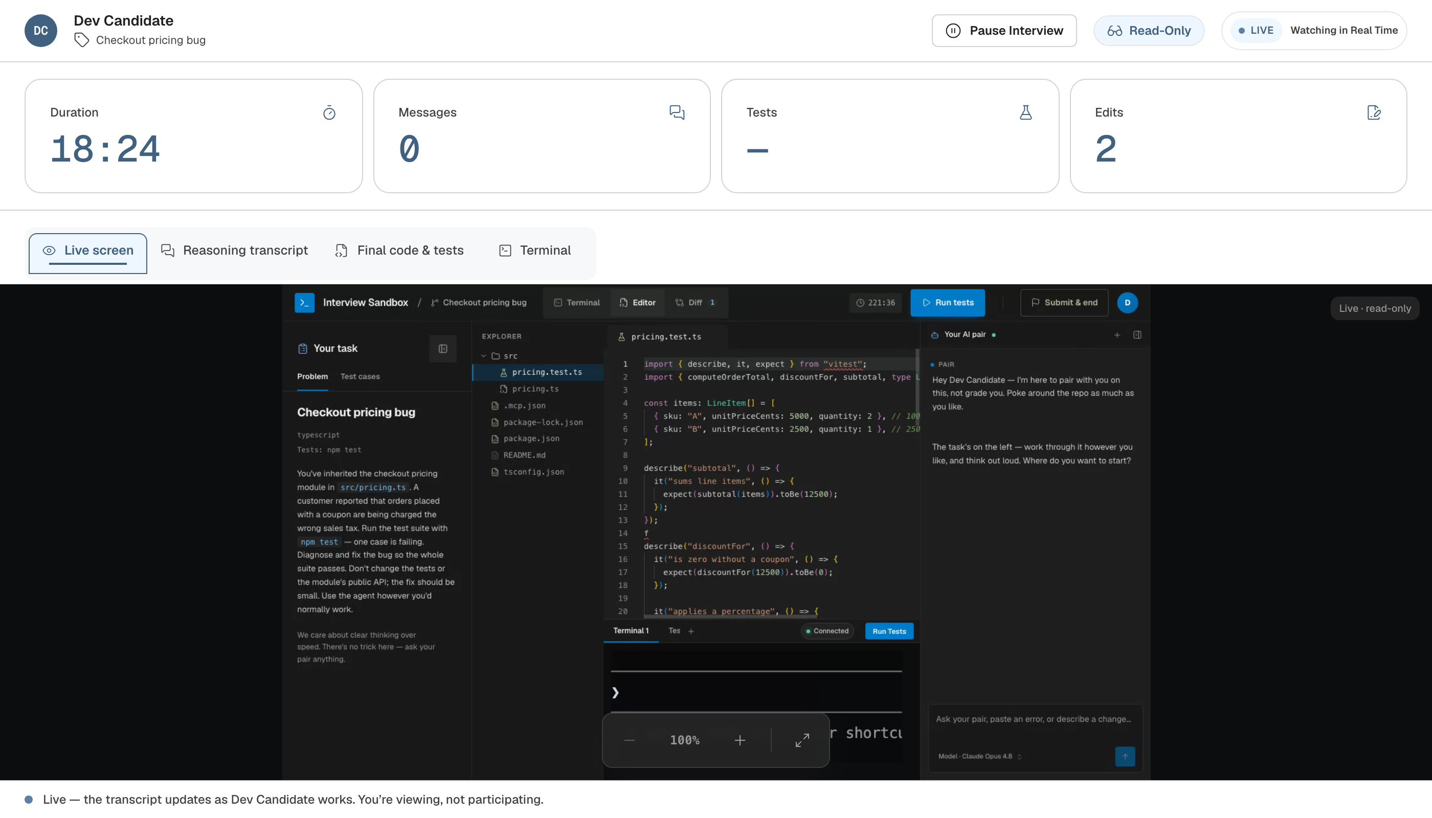 Observer view: Pause Interview, Read-Only, and LIVE Watching in Real Time controls with session metrics above a real-time stream of the candidate's workspace.