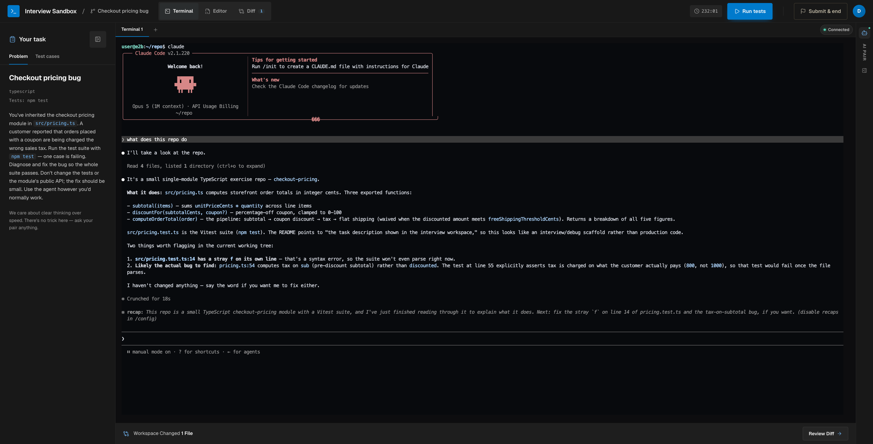 The candidate workspace: task brief on the left, and Claude Code running in the sandbox terminal — the candidate asks what the repo does, and the agent maps the module, flags a syntax error and the likely tax bug, and waits for direction.